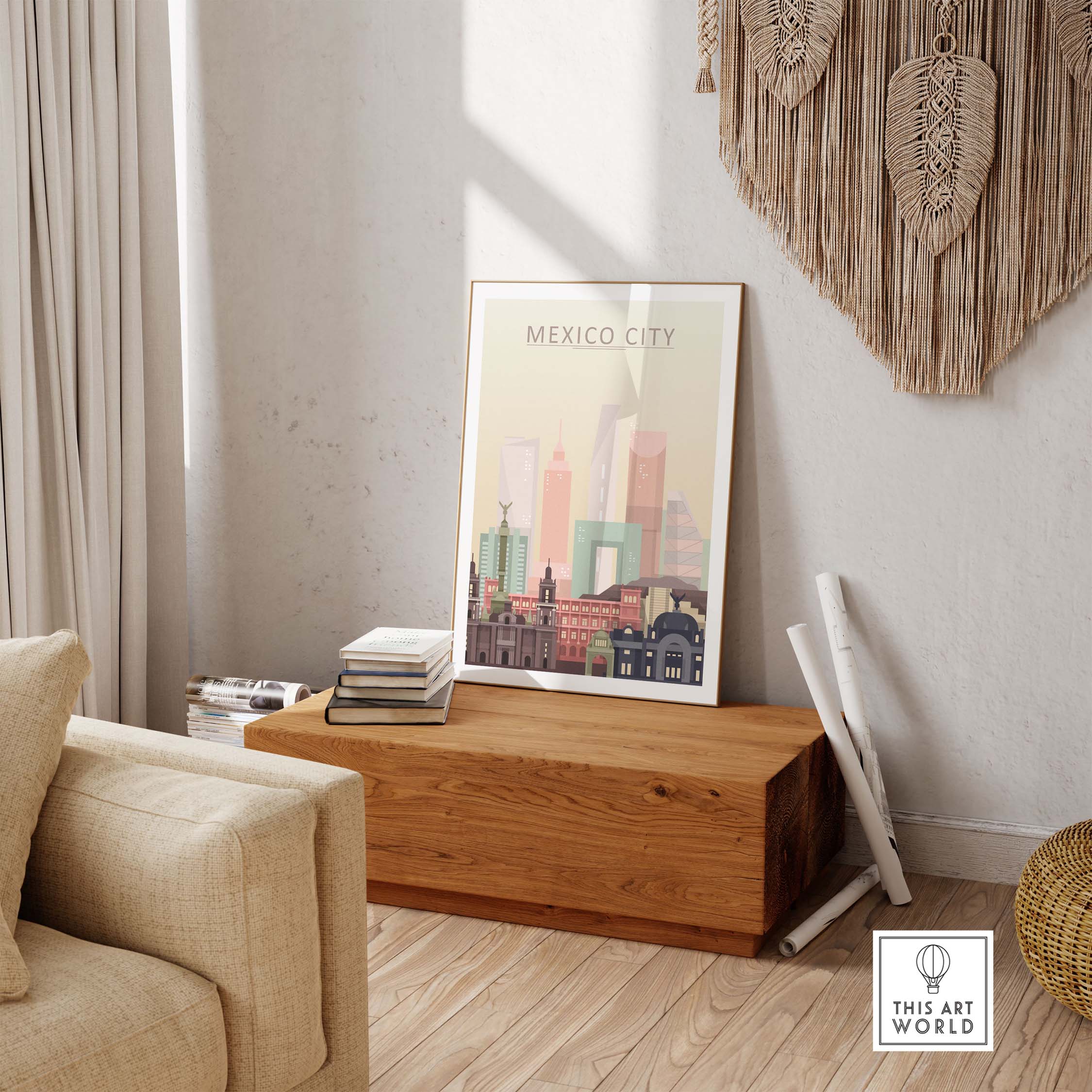 Stylish Mexico City skyline wall art print displayed in a cozy interior setting with natural wood decor.
