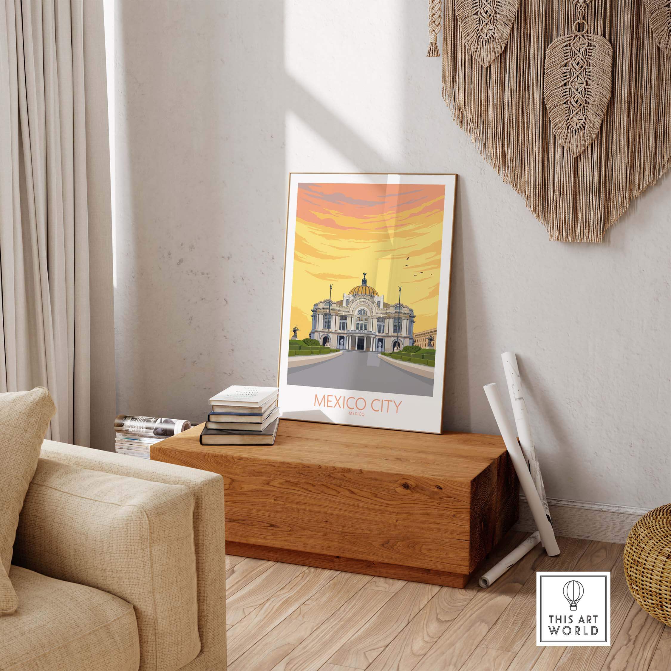 Mexico City Poster Print displayed in a stylish living room, showcasing vintage travel art with warm sunset colors.