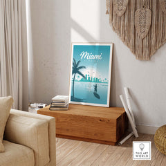 Miami Poster Wall Art Print showcasing vintage travel vibes in a stylish office setting.
