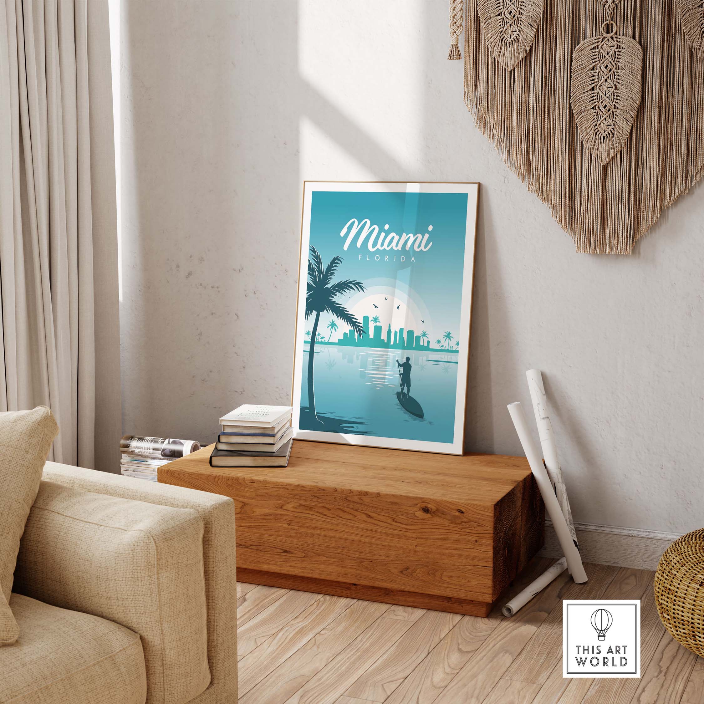 Miami Poster Wall Art Print showcasing vintage travel vibes in a stylish office setting.