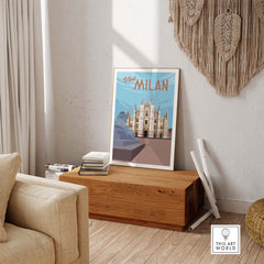 Milan vintage travel poster wall art displayed in a stylish living room setting.