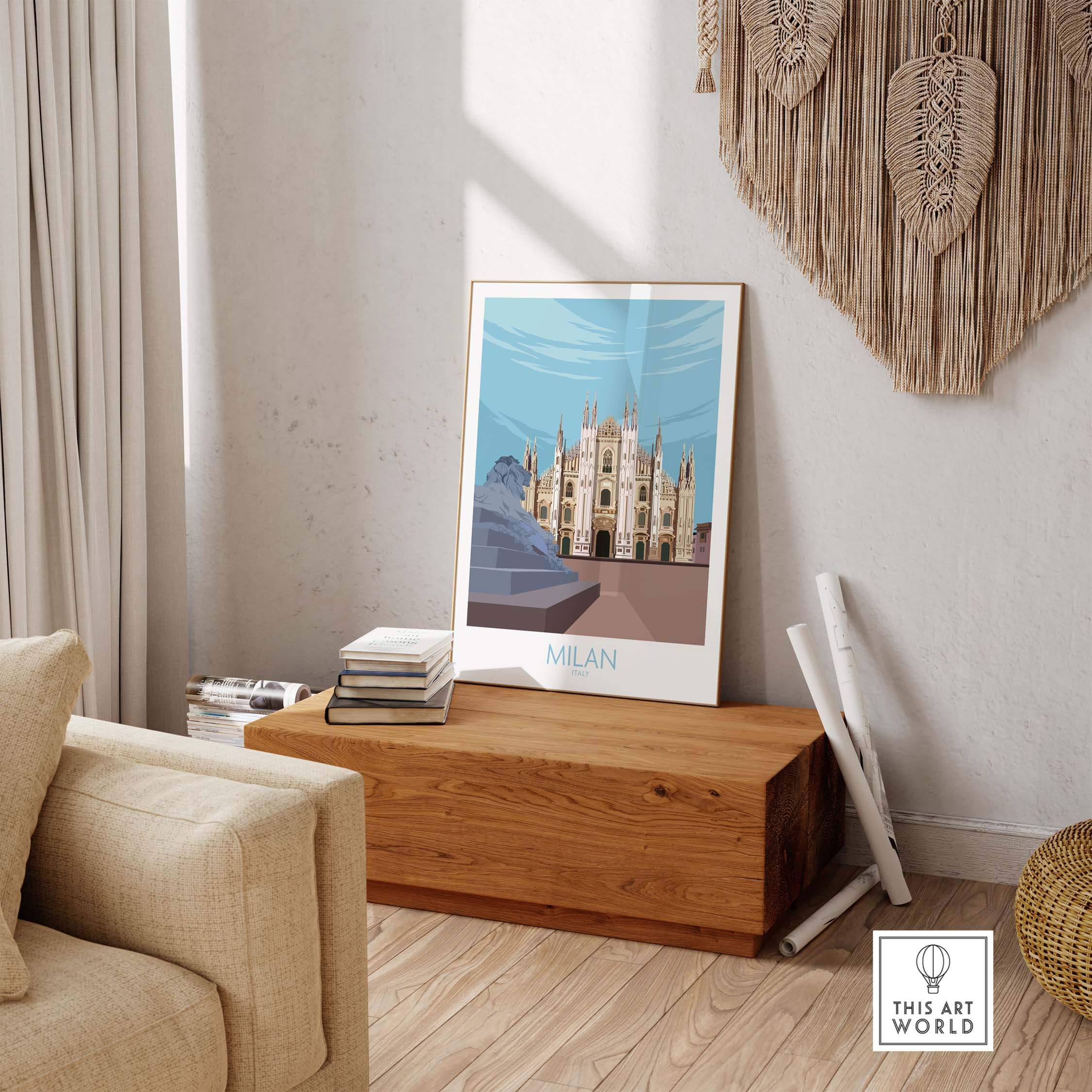 Stylish Milan Print Italy Poster displayed in a cozy living room, capturing vintage travel art inspiration.