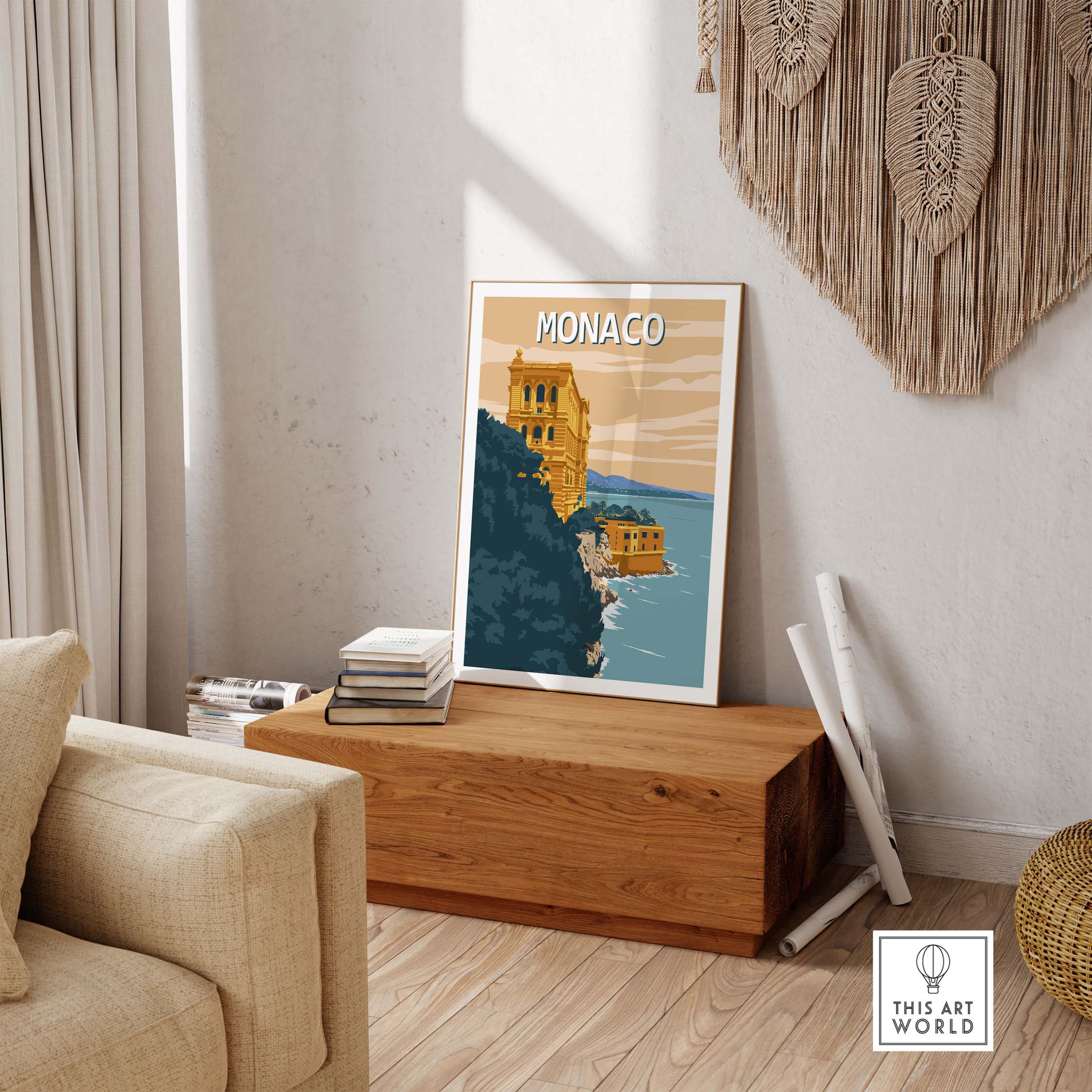 Monaco Wall Art Print displayed in a stylish living room, featuring vintage travel poster design, showcasing scenic architecture.