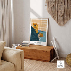 Monaco Poster Print showcasing modern minimalist design in a stylish home interior with wooden decor.