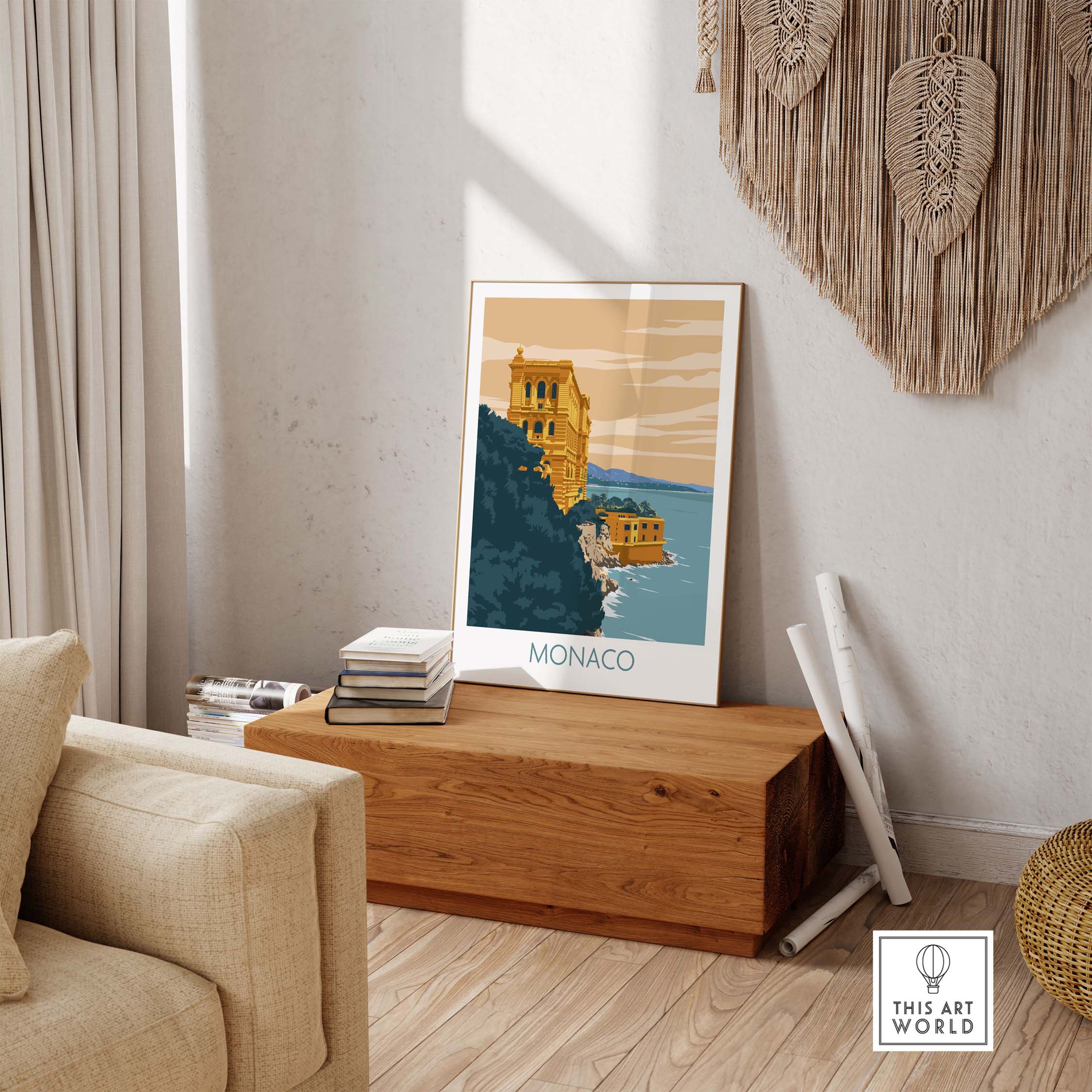 Monaco Poster Print showcasing modern minimalist design in a stylish home interior with wooden decor.