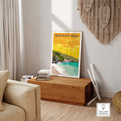 Mošćenička Draga Croatia poster print displayed in a cozy living room setting, showcasing vintage travel art.