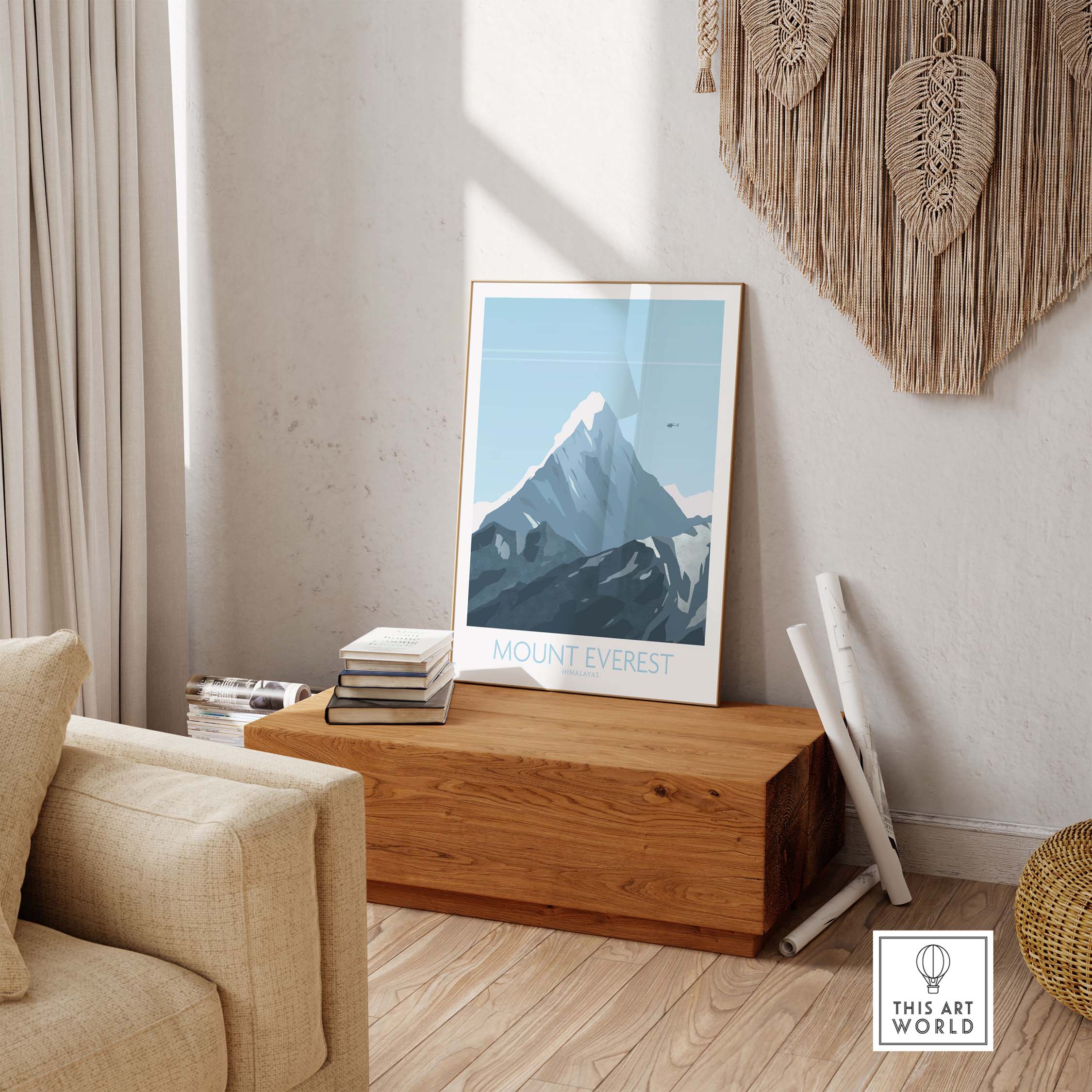 Mount Everest print travel poster displayed in a stylish home setting with natural decor.