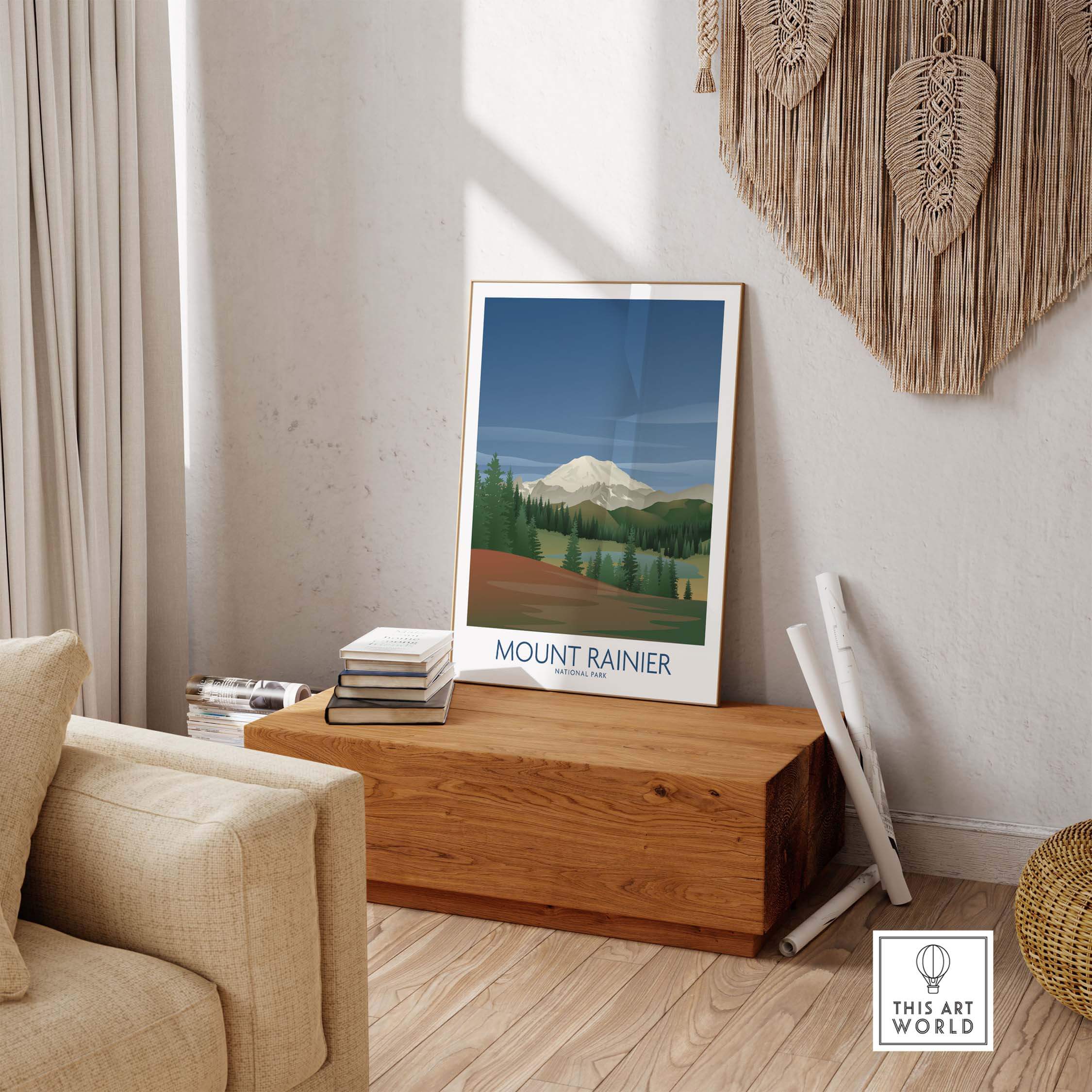 Mount Rainier National Park art print displayed in a modern living room, perfect for nature lovers and travel enthusiasts.