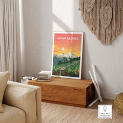 Stylish Mount Rainier print displayed in a cozy home setting, showcasing vintage travel art with vibrant colors.