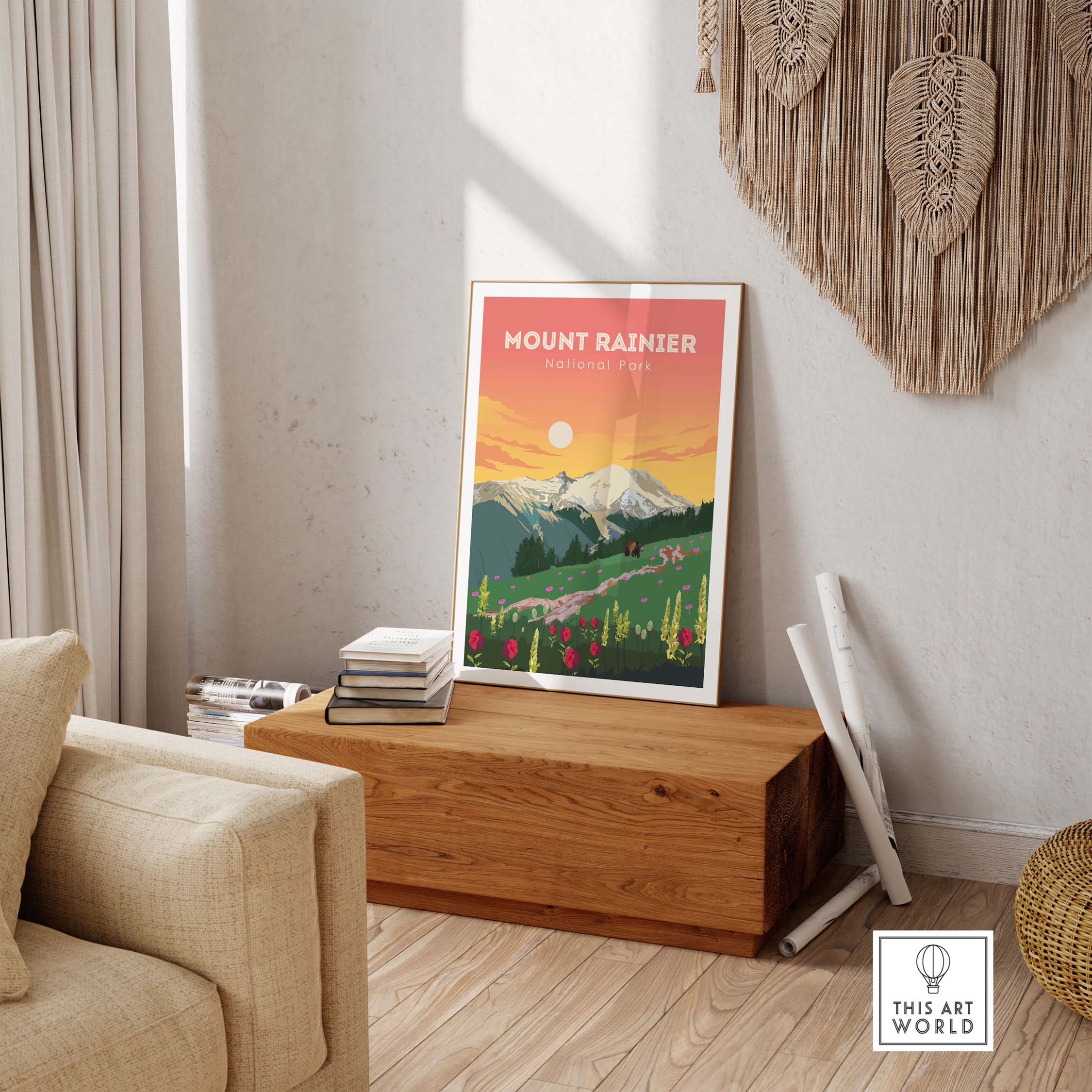 Stylish Mount Rainier print displayed in a cozy home setting, showcasing vintage travel art with vibrant colors.