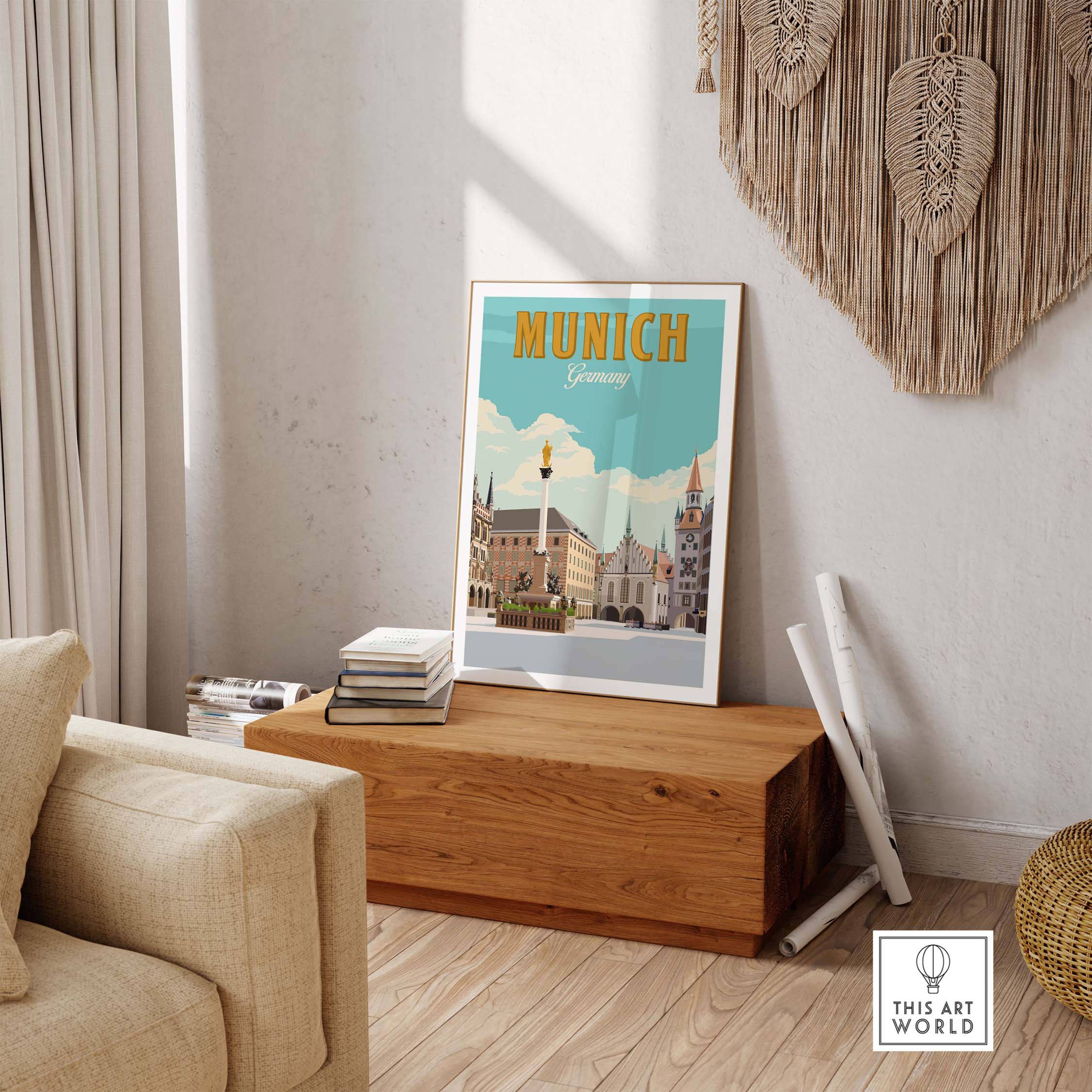 Munich Germany print in a stylish living room setting, showcasing vintage travel poster aesthetics.