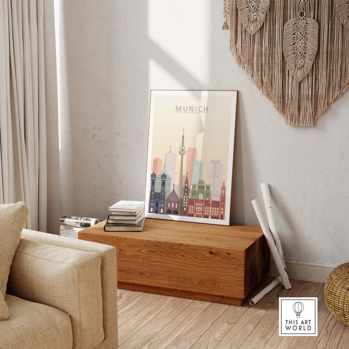 Munich skyline print showcasing iconic buildings in warm pastel tones, perfect for wall art decor.