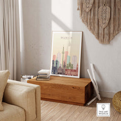 Munich skyline print showcasing iconic buildings in warm pastel tones, perfect for wall art decor.