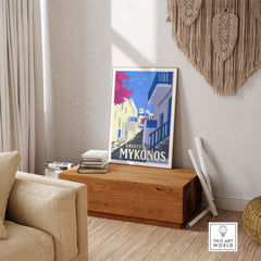 Mykonos poster wall art print in a stylish living room setting, capturing the essence of Greek travel nostalgia.