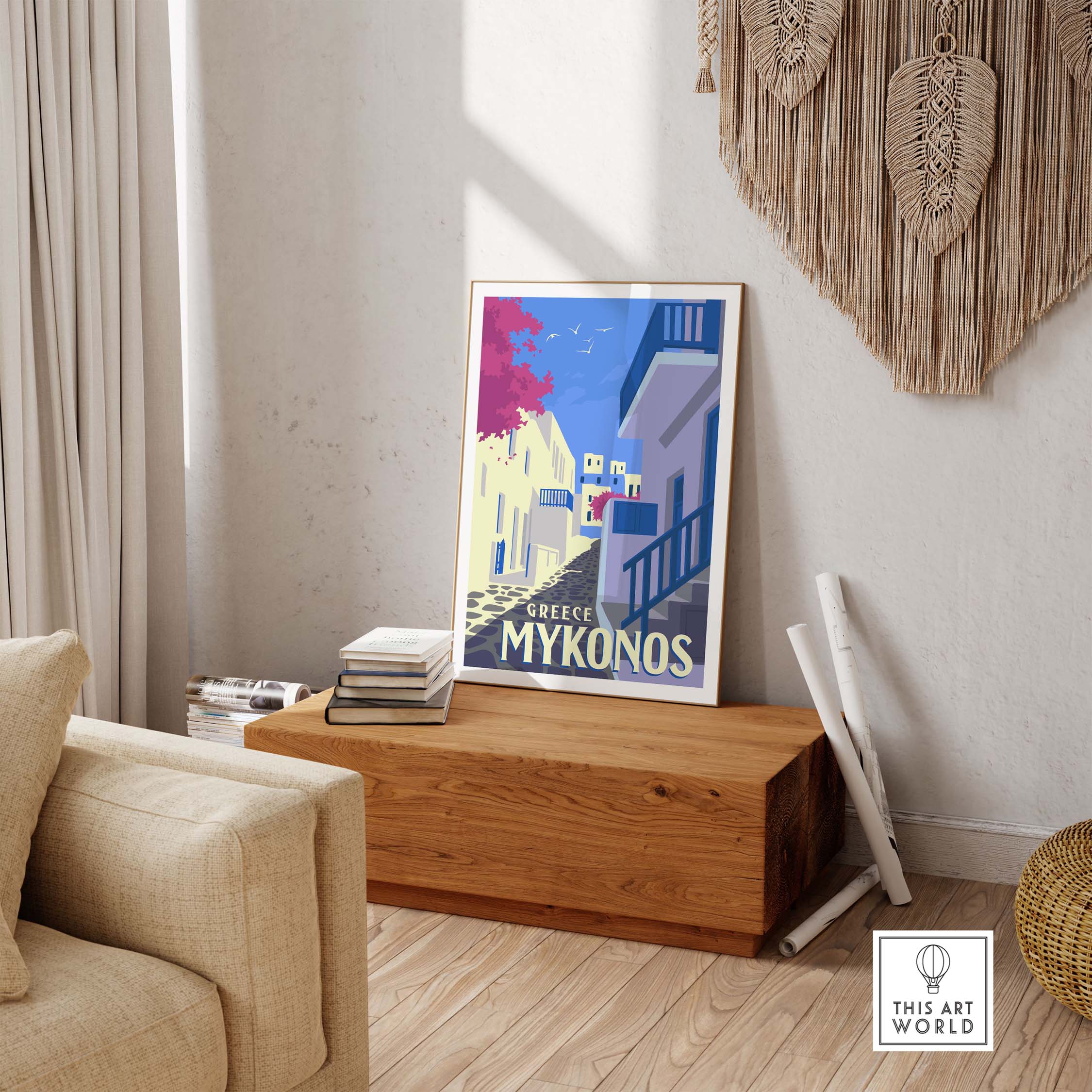 Mykonos poster wall art print in a stylish living room setting, capturing the essence of Greek travel nostalgia.