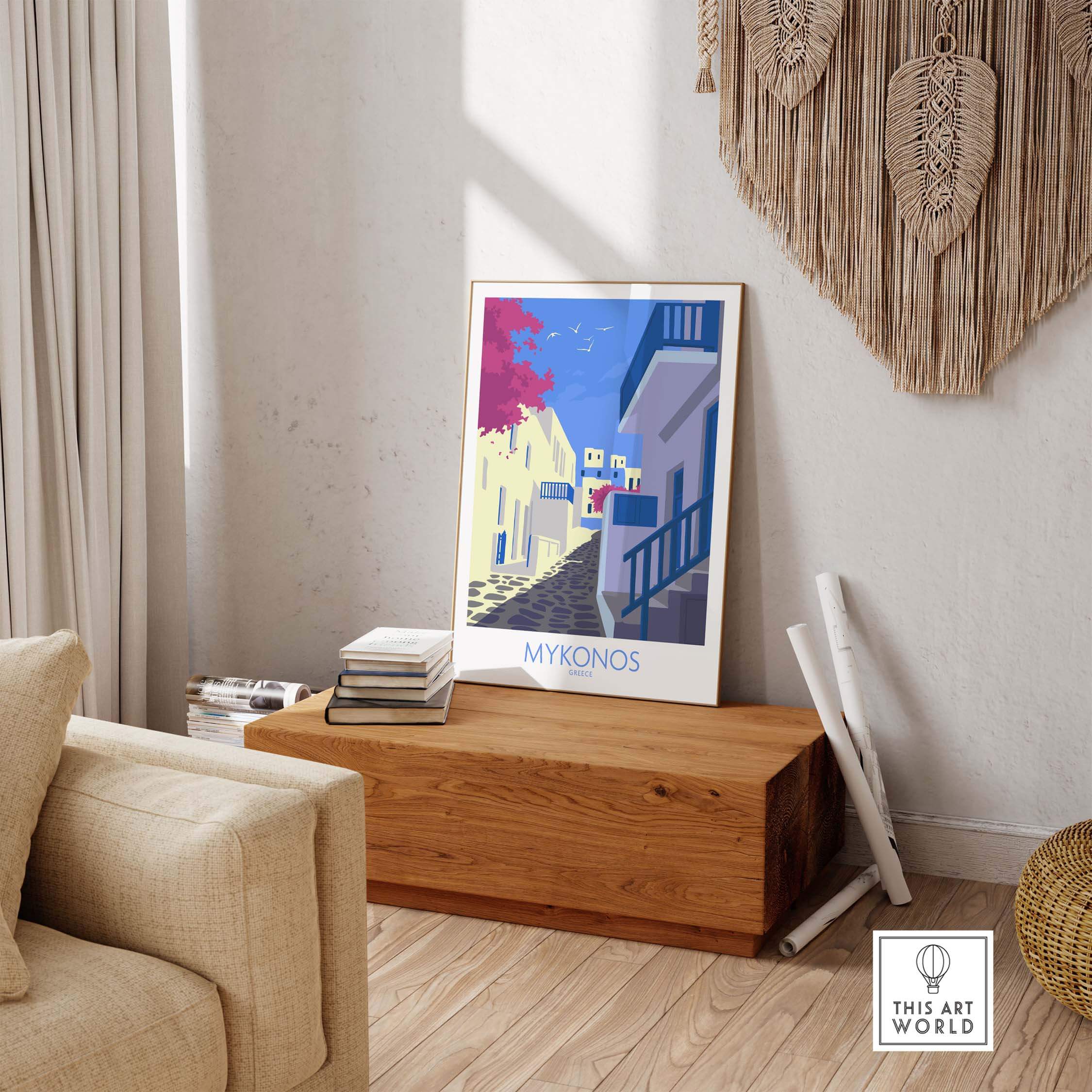 Mykonos Print Travel Poster on display in a stylish living room, capturing the essence of wanderlust and vintage travel art.