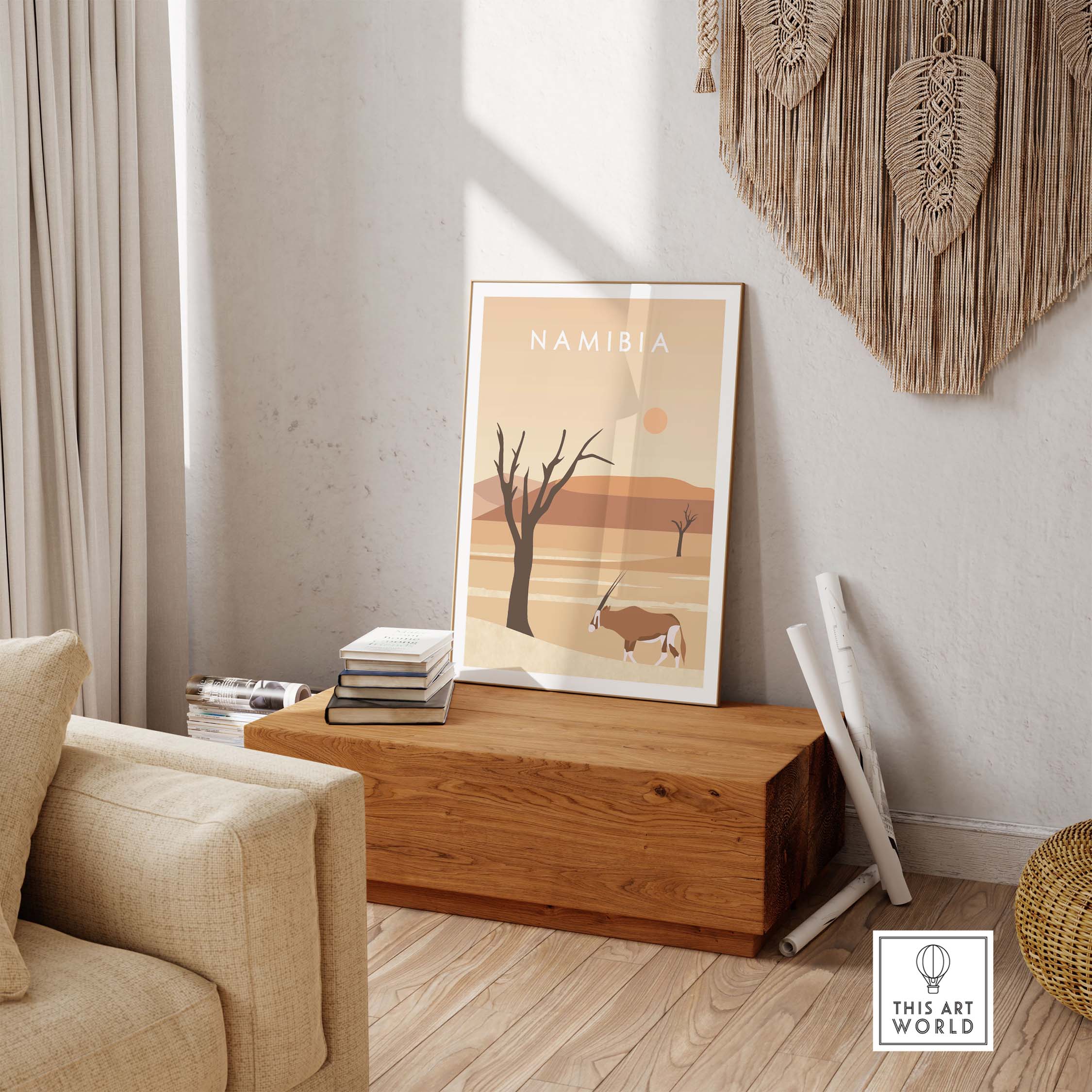 Namibia Print Dunes Poster displayed in a stylish living room, evoking wanderlust and vintage travel aesthetics.