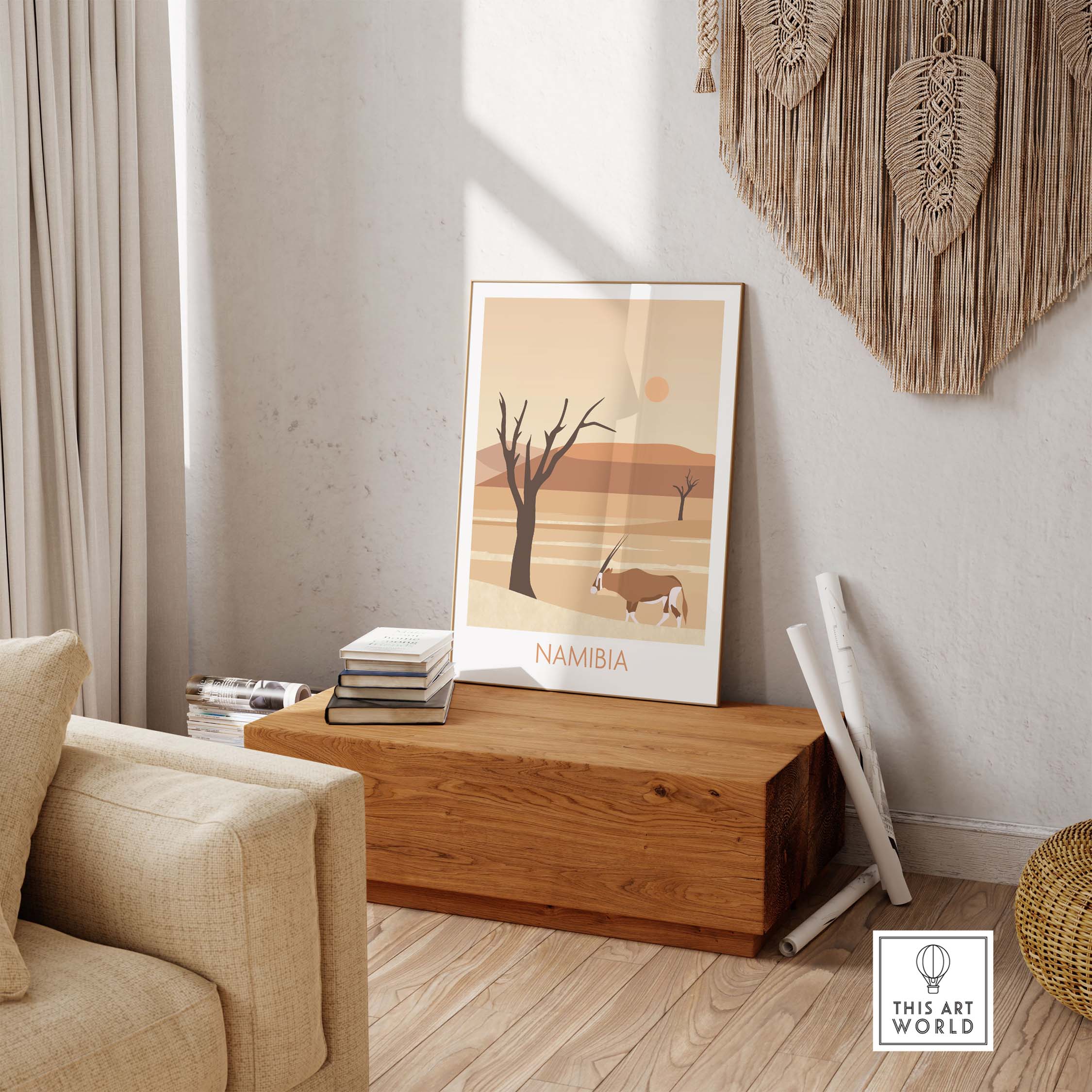 Namibia travel poster print displayed in a stylish home interior, perfect for wanderlust decor.