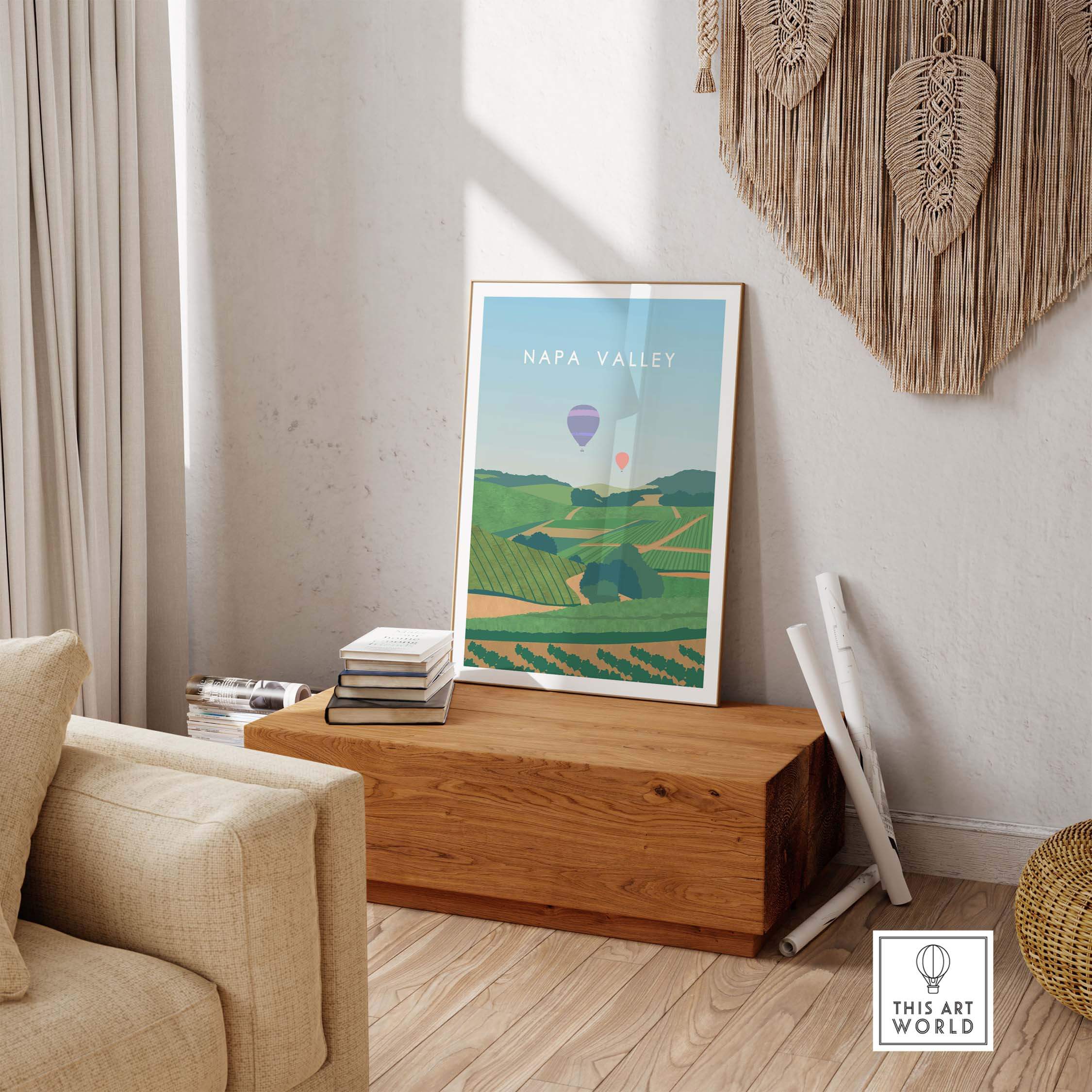 Napa Valley Print Wall Art Poster framed in a cozy living space with a wooden table and decorative home accessories.