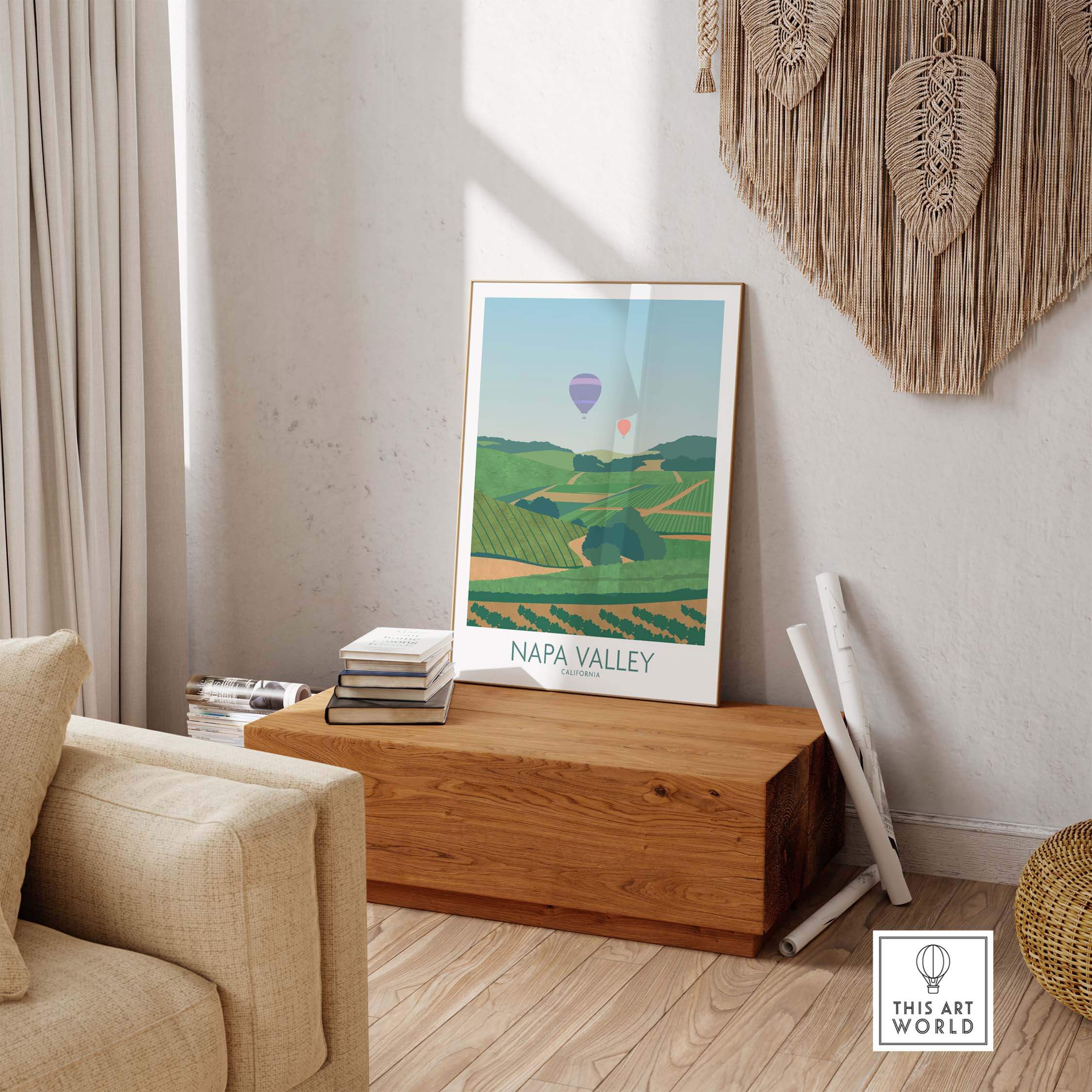 Napa Valley print featuring vineyards and hot air balloon, displayed in a cozy living room setting.