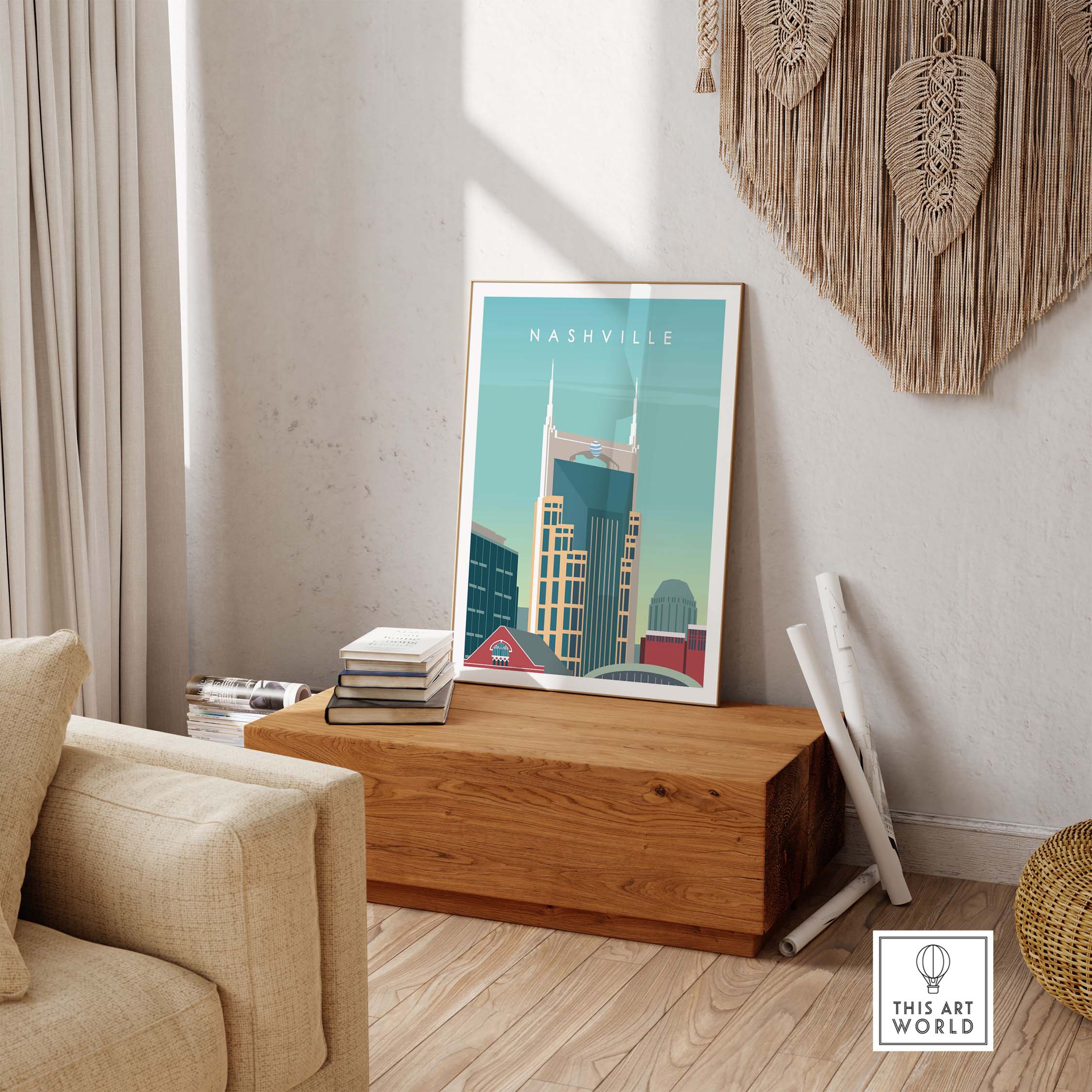 Nashville Art Print displayed in a stylish living room, capturing the essence of travel and nostalgia.