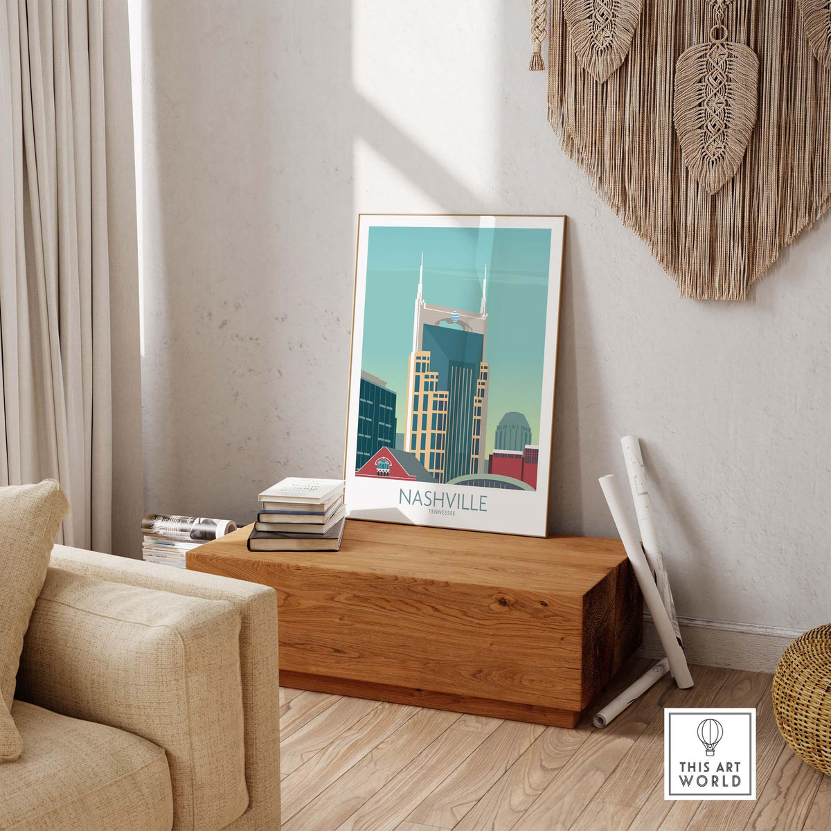 Nashville travel poster artwork displayed in a stylish home setting, inspiring wanderlust and nostalgia.