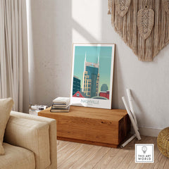 Nashville travel poster artwork displayed in a stylish home setting, inspiring wanderlust and nostalgia.