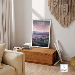 New Forest poster art displayed in a stylish indoor setting, showcasing minimalist national park design.