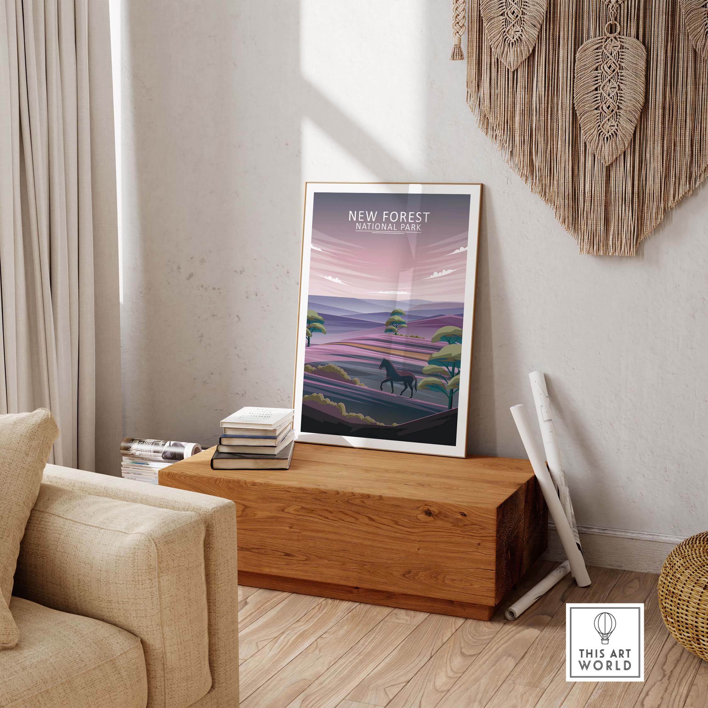 New Forest poster art displayed in a stylish indoor setting, showcasing minimalist national park design.
