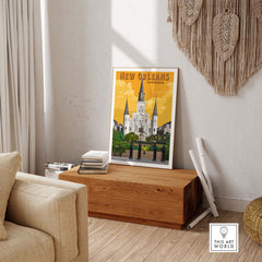 New Orleans Art Print showcasing vintage architecture, perfect for home or office decor in a stylish setting.