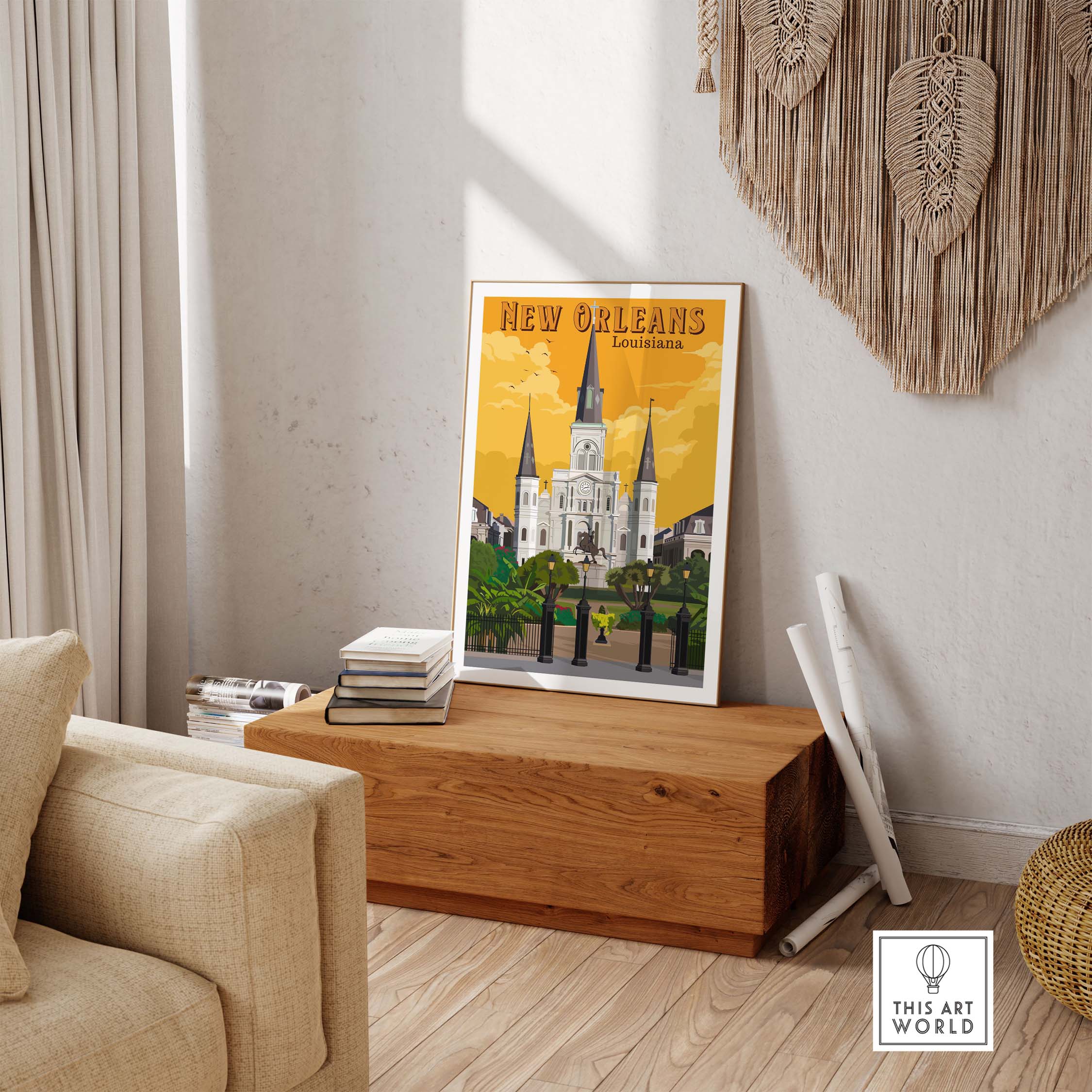 New Orleans Art Print showcasing vintage architecture, perfect for home or office decor in a stylish setting.