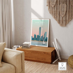 New York City print wall art poster displayed in a cozy living room with rustic decor and natural light.
