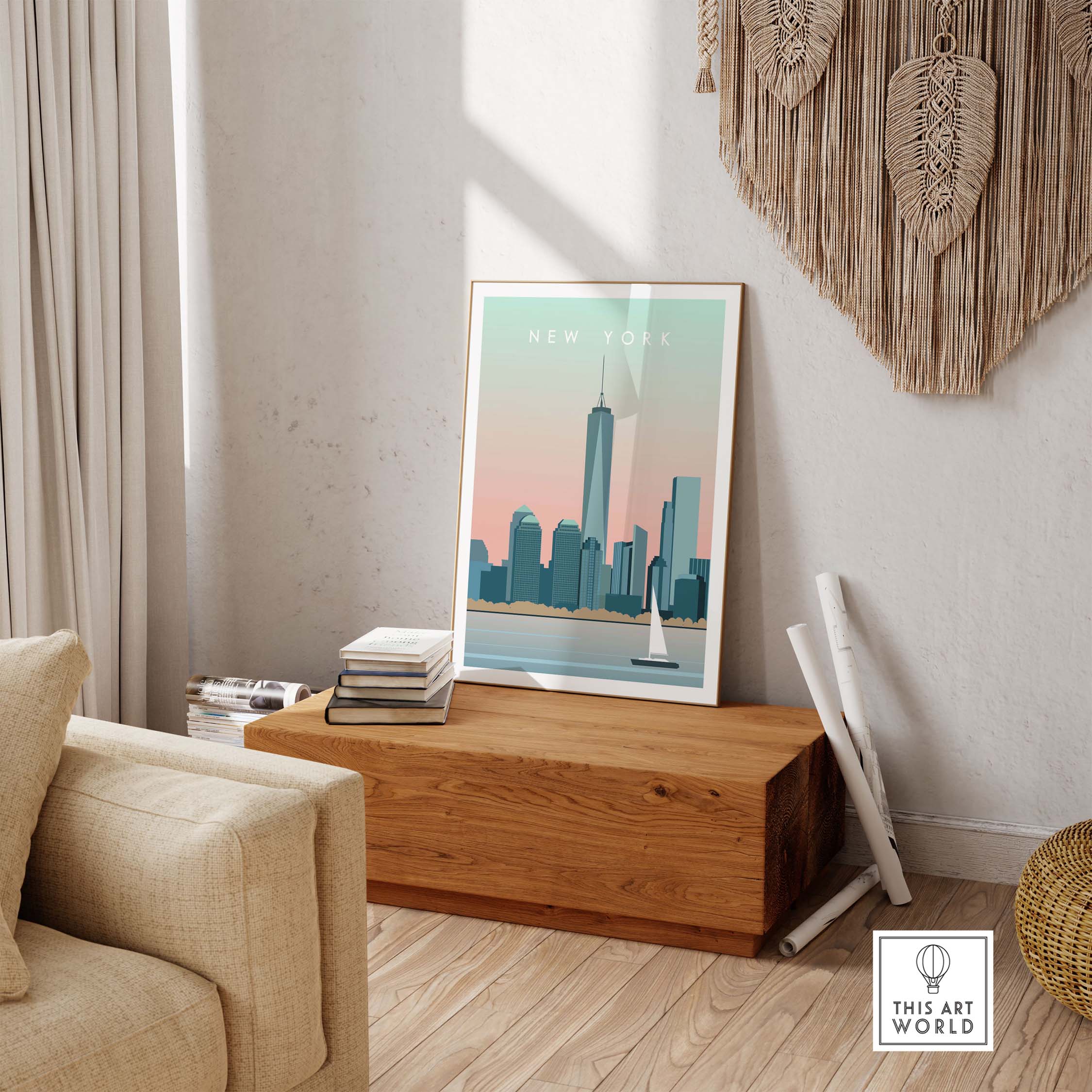 New York City print wall art poster displayed in a cozy living room with rustic decor and natural light.