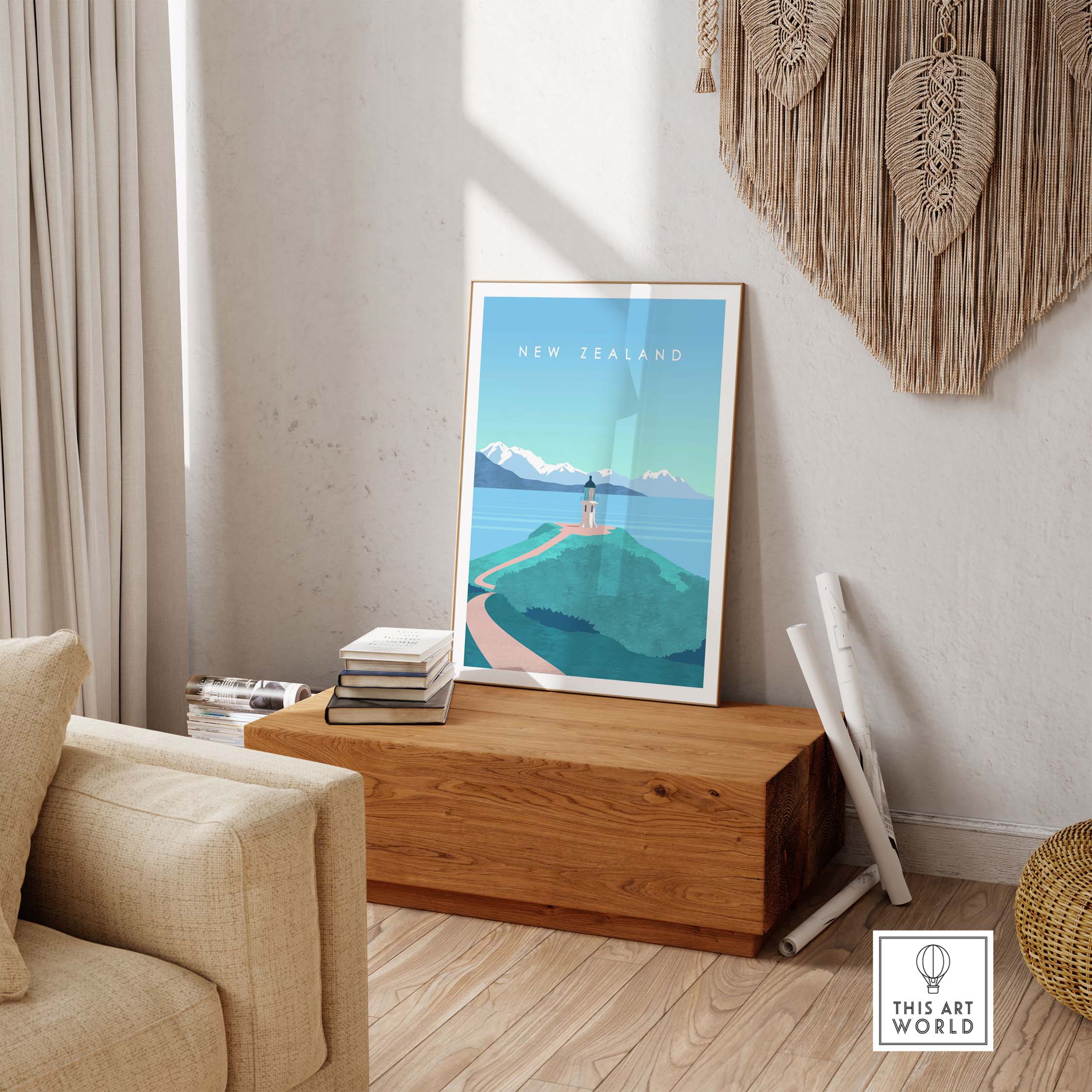 New Zealand travel wall art poster displayed in a stylish living room setting, showcasing vintage-inspired design.