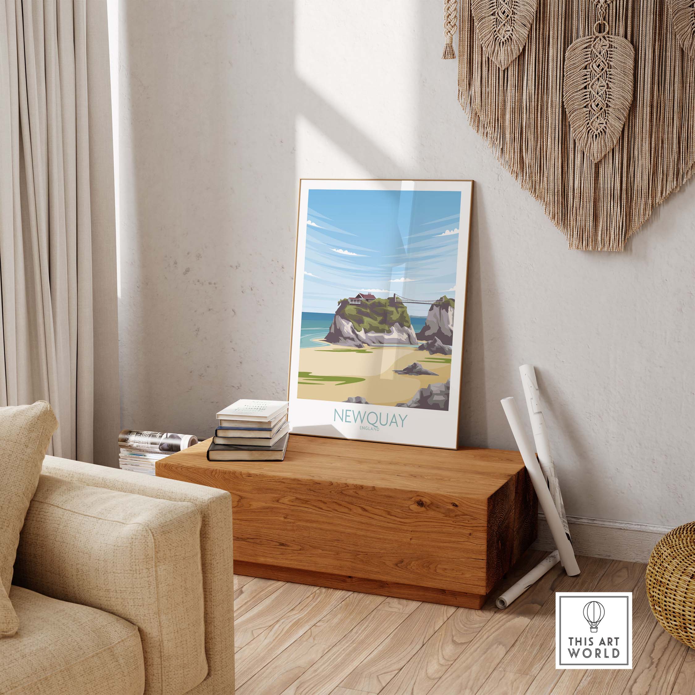 Newquay Cornwall travel poster displayed in a stylish living room setting, showcasing vintage-inspired wall art.