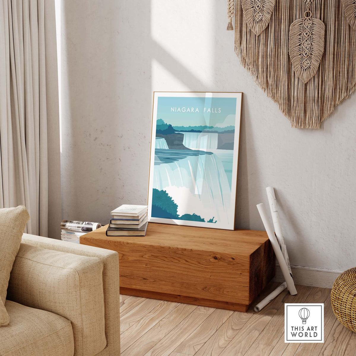 Niagara Falls Print Wall Art Poster displayed in a cozy room, enhancing home decor with a vintage travel vibe.