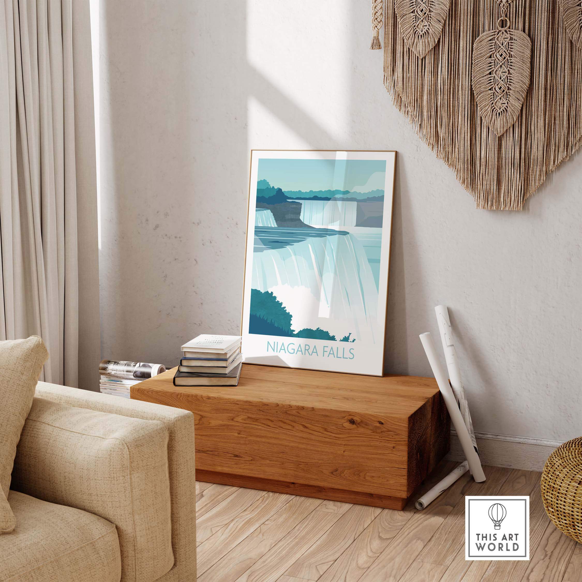 Niagara Falls Print Wall Art displayed in a cozy living room setting, framed for stylish home decor.