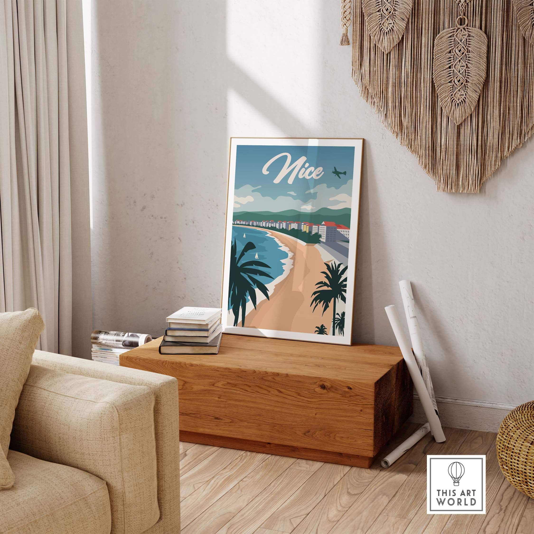 Nice France poster wall art print on a wooden table in a cozy living room with palm trees and beach view.