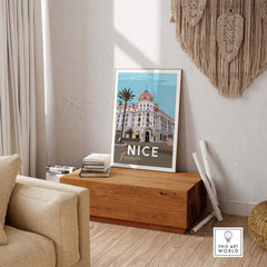 Nice France Print Poster Wall Art in a stylish living room setting, showcasing vintage travel nostalgia.