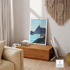 Norway Print Wall Art Poster displayed in a modern living room, showcasing Scandinavian design and travel vibes.