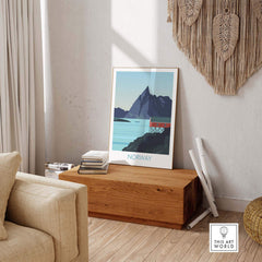 Norway Print Travel Poster displayed in a stylish living room, showcasing Nordic landscapes and vintage art inspiration.