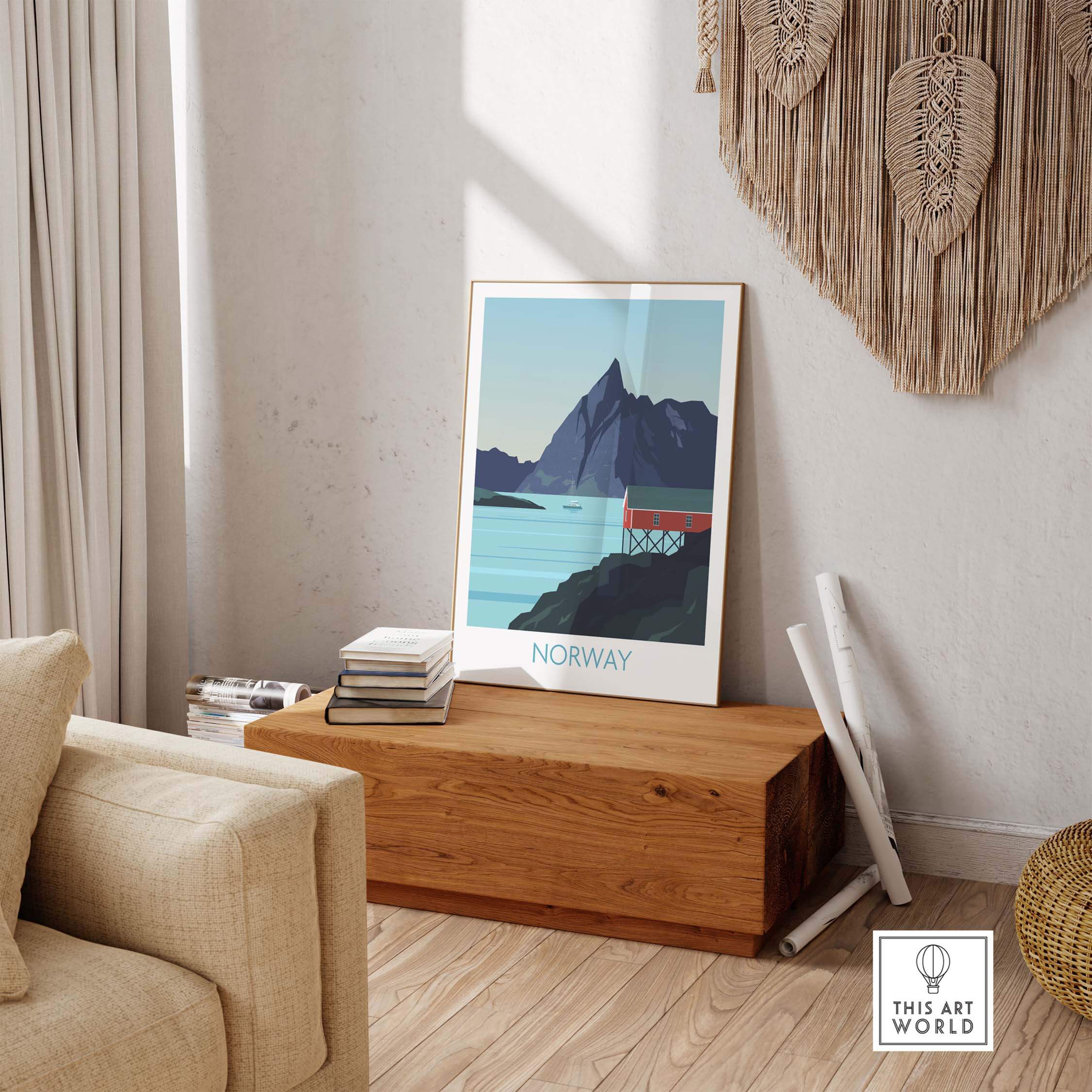 Norway Print Travel Poster displayed in a stylish living room, showcasing Nordic landscapes and vintage art inspiration.
