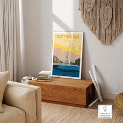 Nottingham Print England Poster displayed in a stylish room on a wooden bench, featuring vintage travel art.