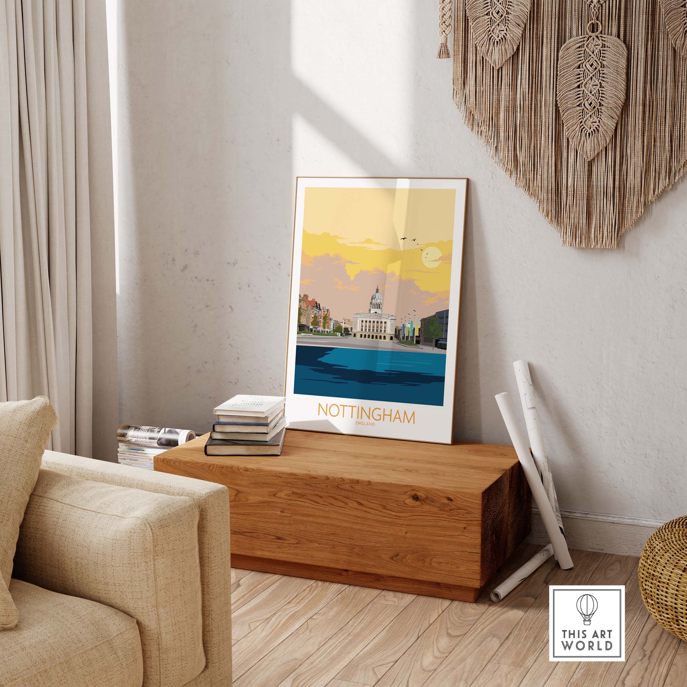 Nottingham poster print displayed in a stylish home setting, inspiring travel wanderlust and vintage decor.