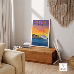 Vintage Oslo travel poster showcasing beautiful colors and scenery, perfect for home or office decor.