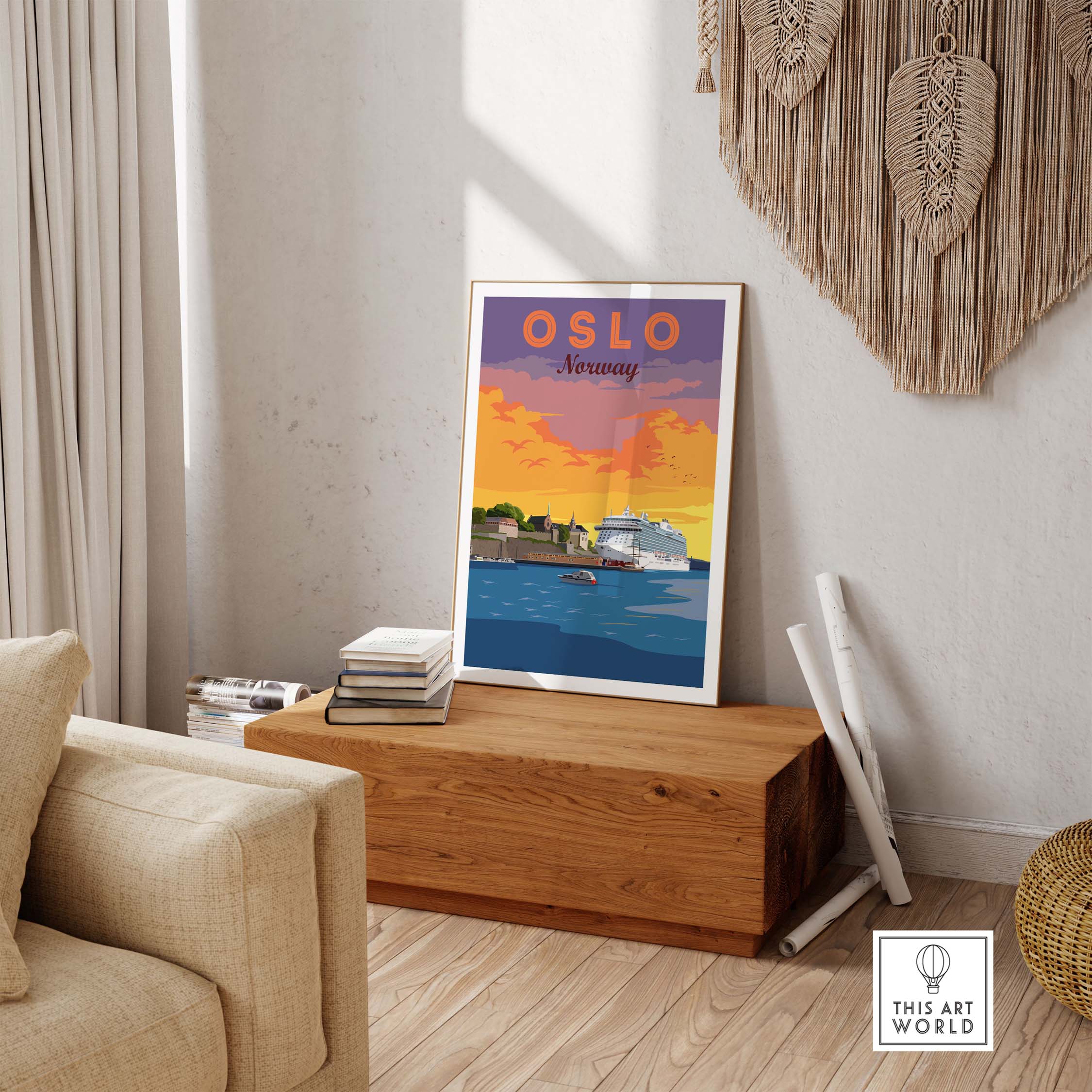 Vintage Oslo travel poster showcasing beautiful colors and scenery, perfect for home or office decor.