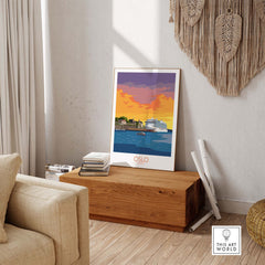 Oslo Poster Norway showcasing a vibrant sunset over the water, perfect for stylish wall art in home or office.