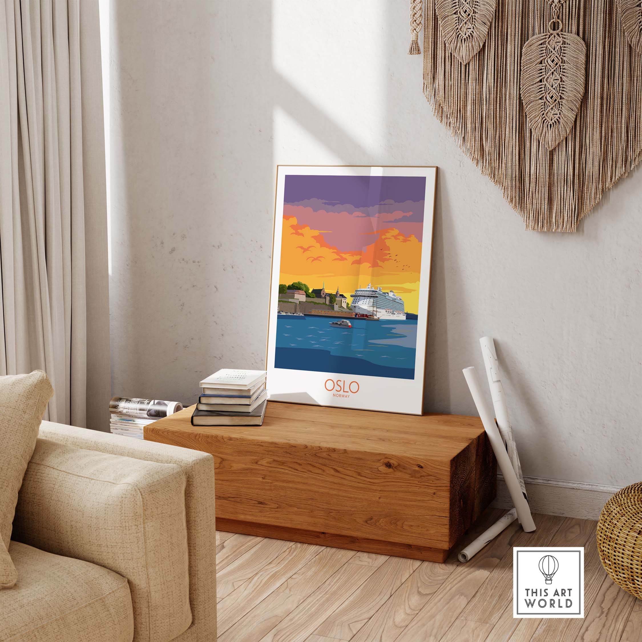 Oslo Poster Norway showcasing a vibrant sunset over the water, perfect for stylish wall art in home or office.