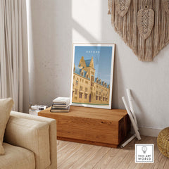 Oxford Wall Art Poster displayed in a stylish living room, showcasing vintage travel aesthetics and quality decor.