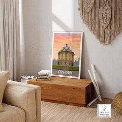 Oxford print poster wall art showcasing a vintage design featuring the iconic Oxford architecture in a stylish setting.